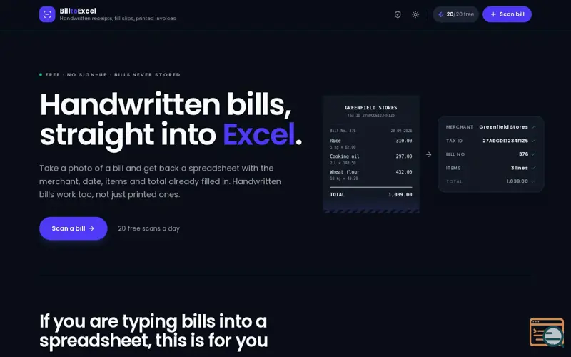 Screenshot of Bill to Excel