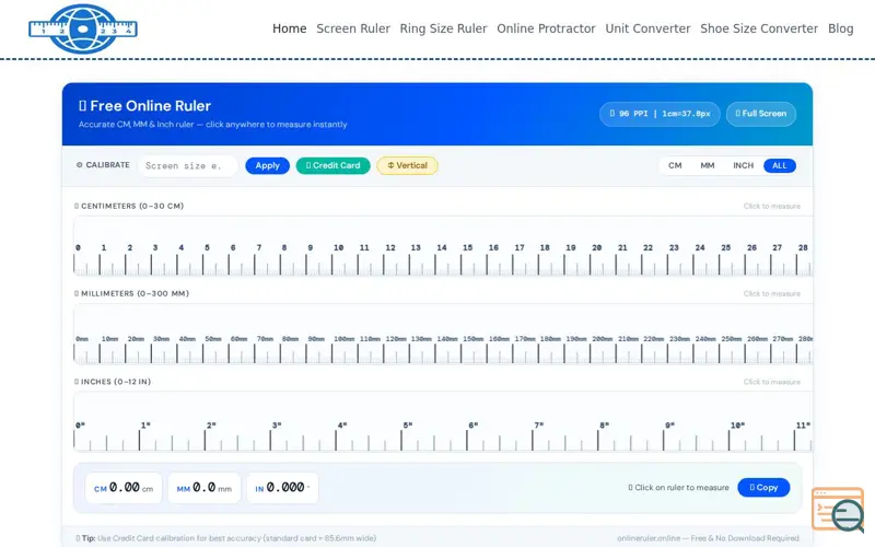 Screenshot of Free Online Ruler - Inch, CM & MM Ruler