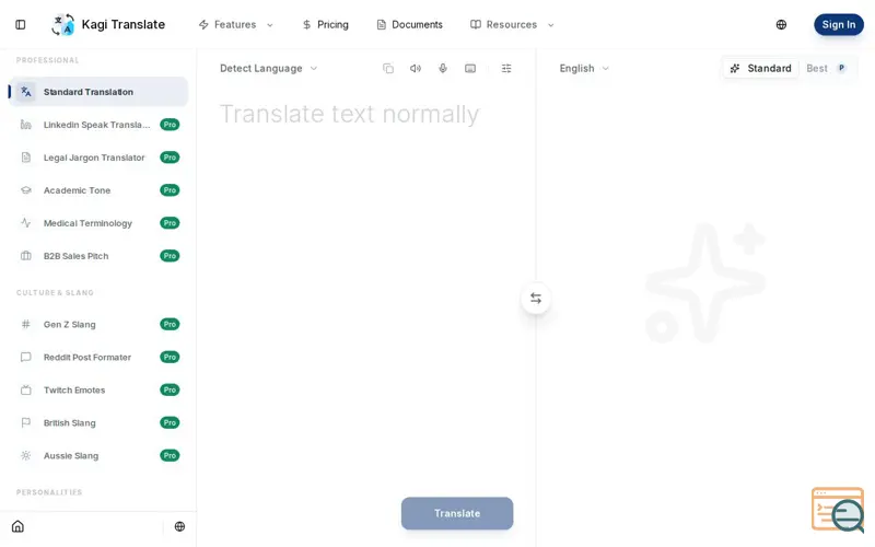 Screenshot of Kagi Translate
