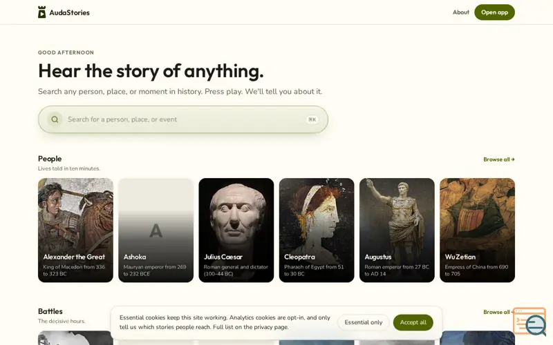 Screenshot of Audastories, a launch using Wikidata
