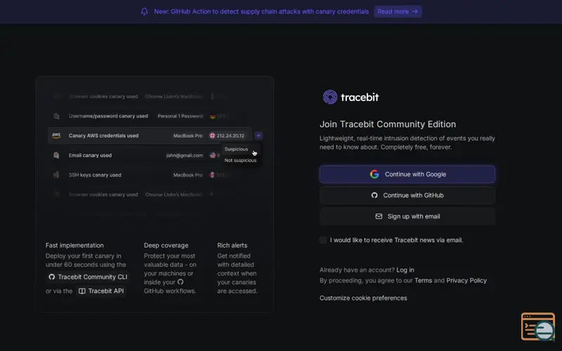 Screenshot of Tracebit Community Edition, a launch using Unify