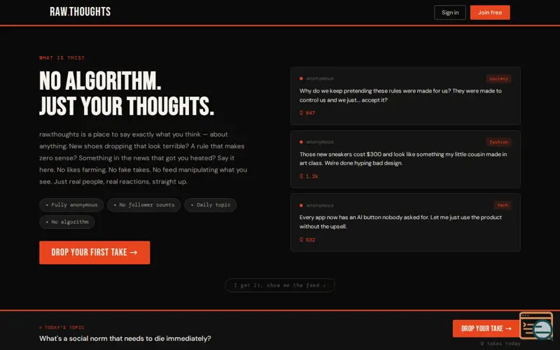 Screenshot of raw.thoughts — say it straight