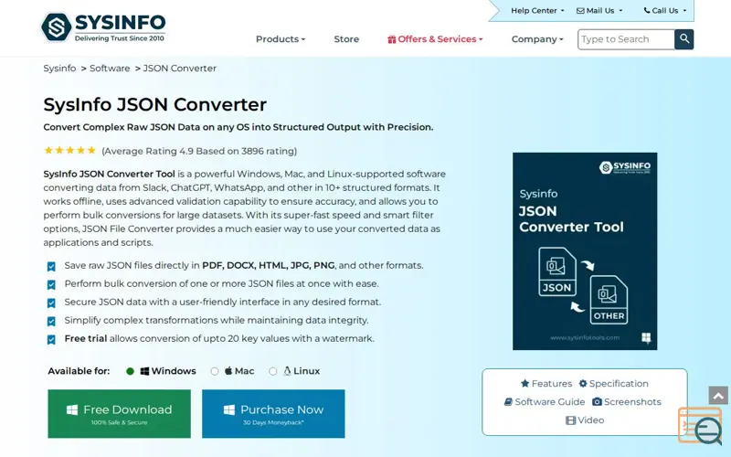 Screenshot of SysInfo JSON Converter, a launch using Provide Support