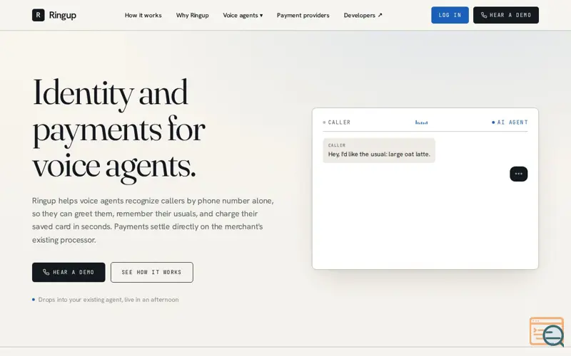 Screenshot of Identity and payments for voice agents | Ringup