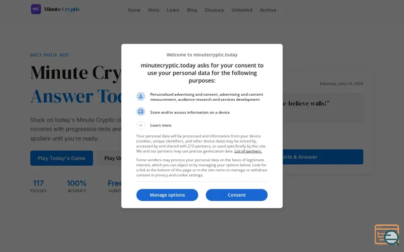 Screenshot of minutecryptic.today