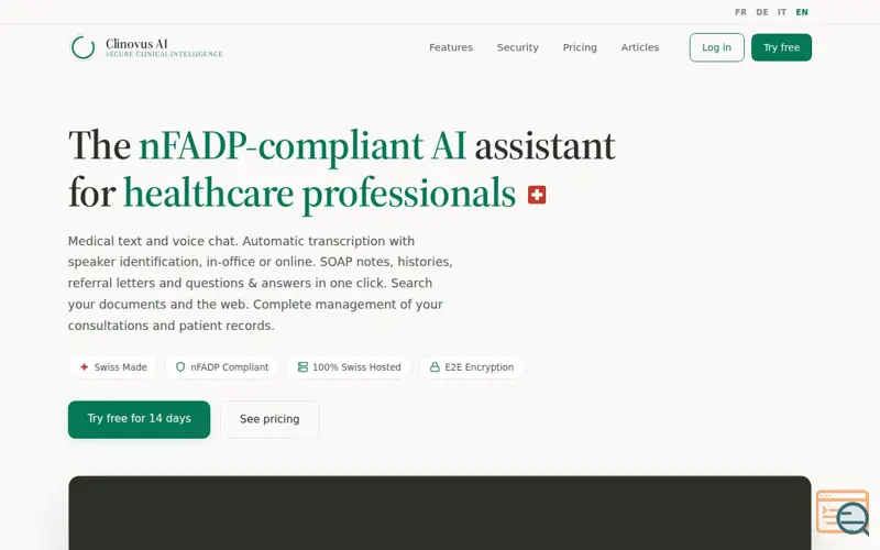 Screenshot of Clinovus AI, a launch using Infomaniak DNS