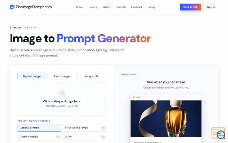 Screenshot of Image Prompt Generator & Image to Prompt | Find Image Prompt