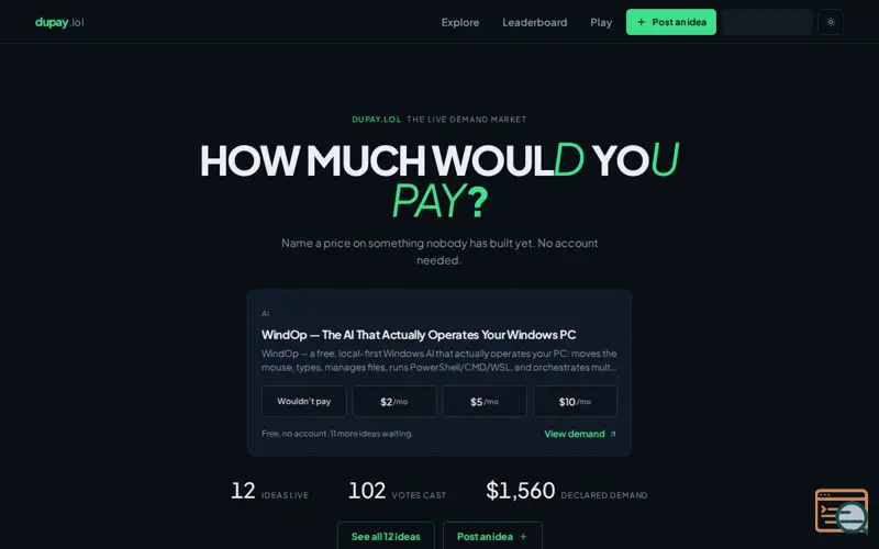 Screenshot of dupay.lol, a launch using X (Twitter)