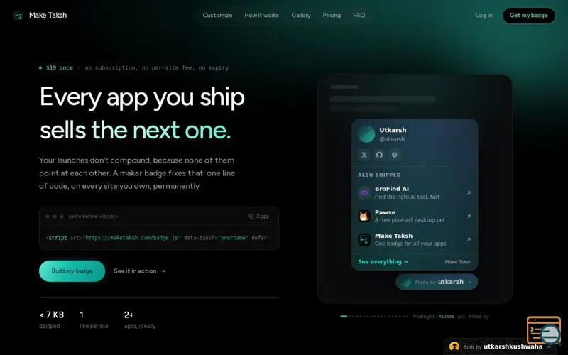 Screenshot of Maker Badge — Cross-link every app you've shipped · Make Taksh
