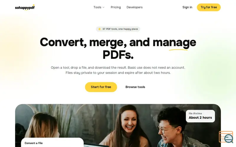 Screenshot of Online PDF tools to merge, convert and compress - SoHappyPDF