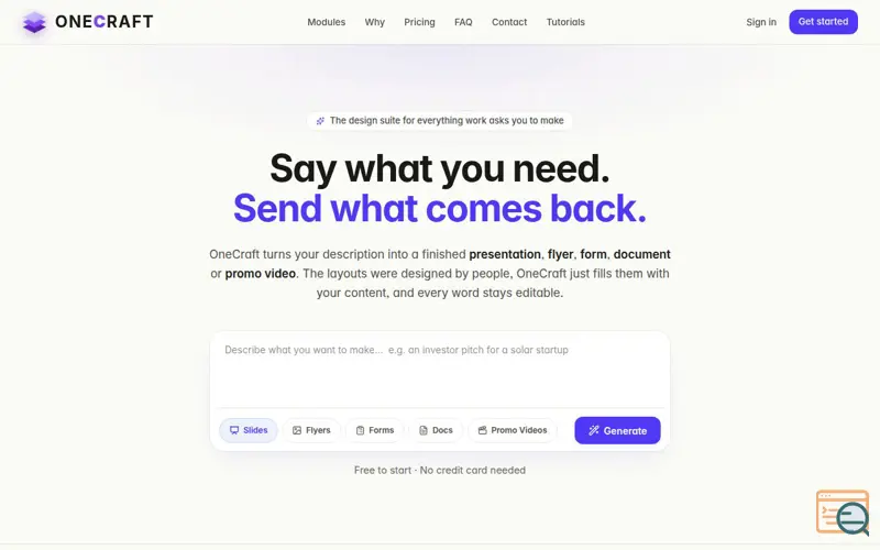 Screenshot of OneCraft | AI builder for slides, forms, flyers & video