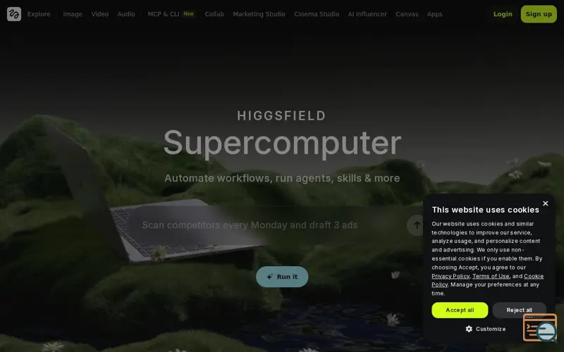 Screenshot of Higgsfield Supercomputer, a launch using Typeform