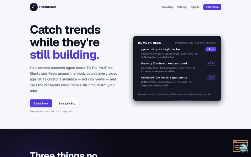 Screenshot of Heraldcast: short-form trend intelligence with honest pricing