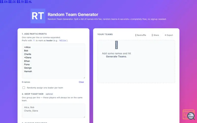 Screenshot of Random Team Generator