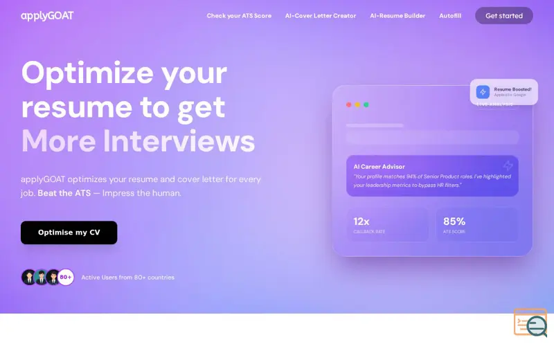 Screenshot of applyGOAT: 20k+users/80+countries/1month