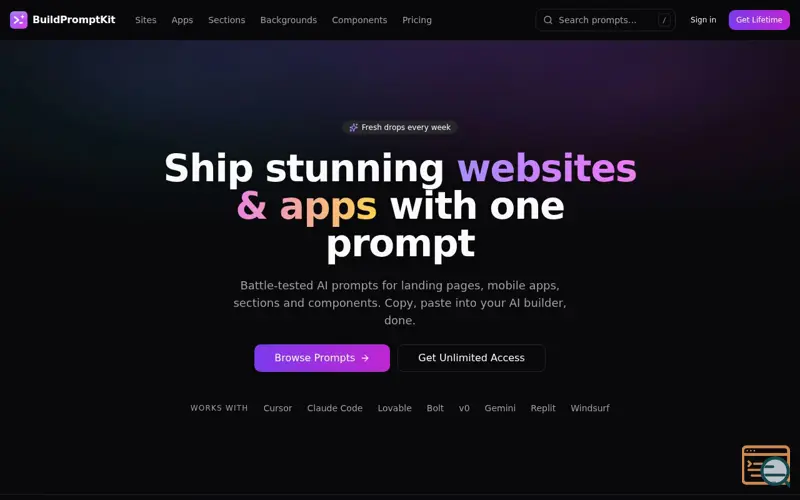 Screenshot of BuildPromptKit — AI Website & App Prompts, a launch using SpamExperts