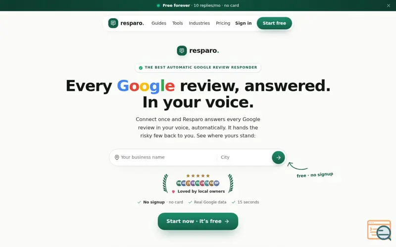 Screenshot of Resparo · AI Google review reply software, in your voice
