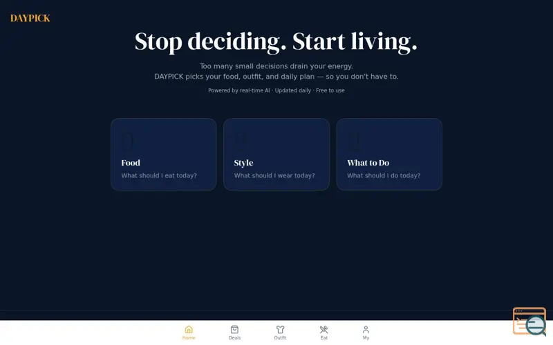 Screenshot of DAYPICK — Your day, already picked.