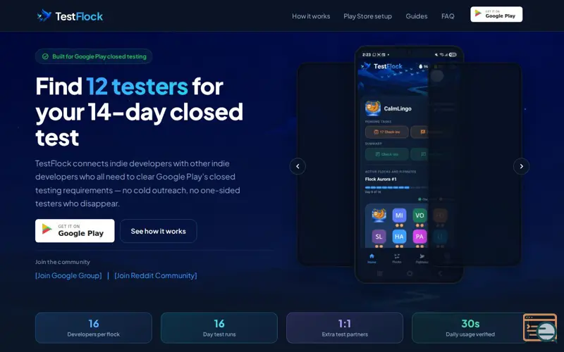 Screenshot of TestFlock — Reciprocal Closed Testing for Android Developers (12 Testers, 14 Days)