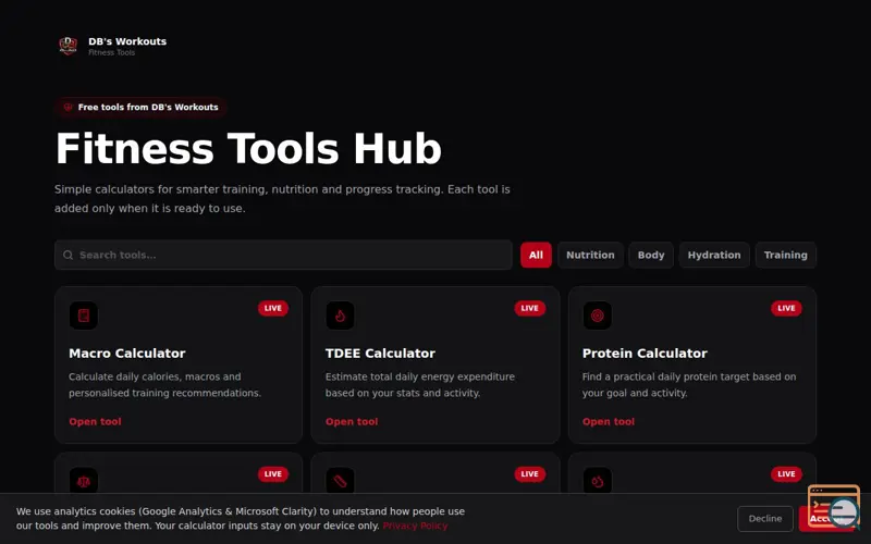 Screenshot of DB's Workouts Fitness Tools Hub