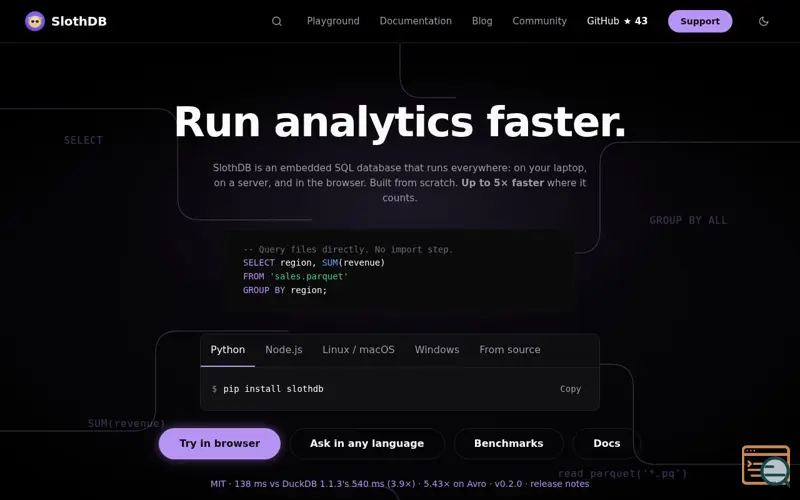 Screenshot of SlothDB