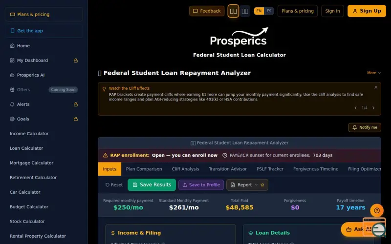Screenshot of Prosperics RAP Calculator, a launch using Zippopotam.us