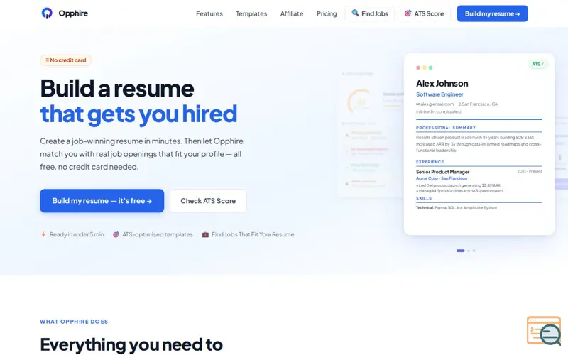 Screenshot of Opphire — Free Resume Builder & ATS Score Checker | No Sign-Up