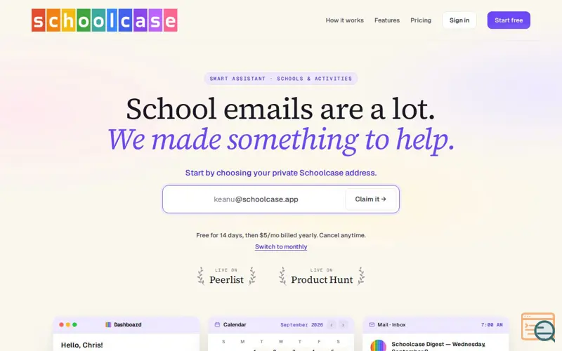 Screenshot of Schoolcase, a launch using Mailhook