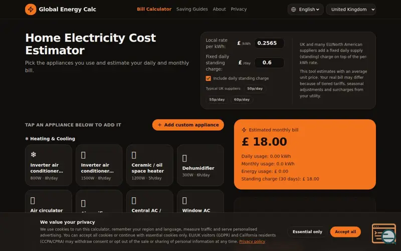 Screenshot of Global Electricity Cost Calculator - Estimate Any Appliance Bill