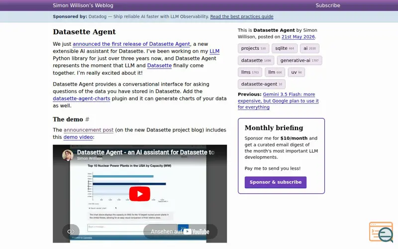 Screenshot of Datasette Agent, a launch using Webmention.io