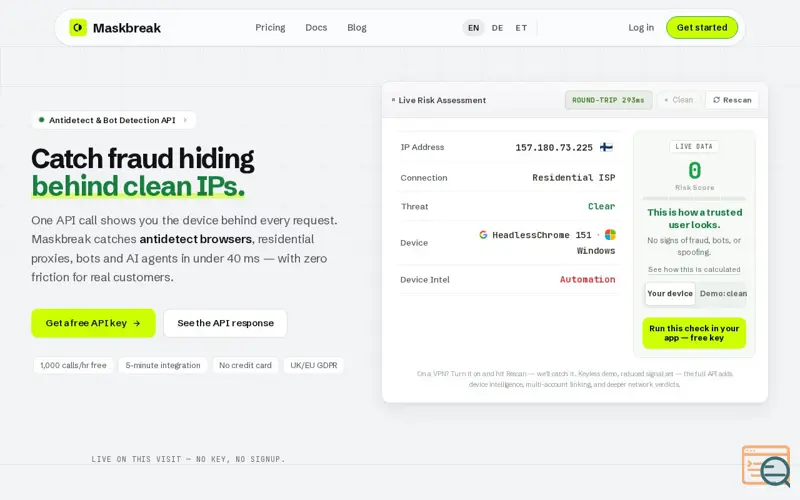 Screenshot of Maskbreak — Fraud Detection API: Stop Bots & Proxies, a launch using FingerprintJS