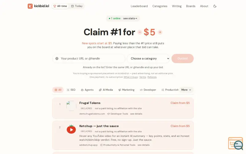 Screenshot of kickbid.lol — The paid leaderboard. 