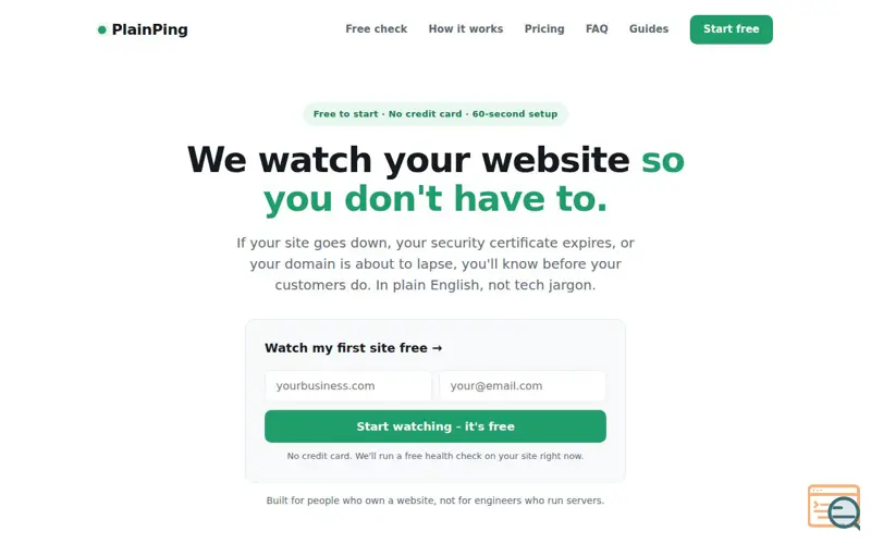 Screenshot of PlainPing - We watch your website so you don't have to