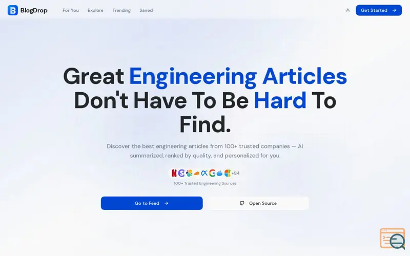 Screenshot of BlogDrop — Every Engineering Blog. One Feed.