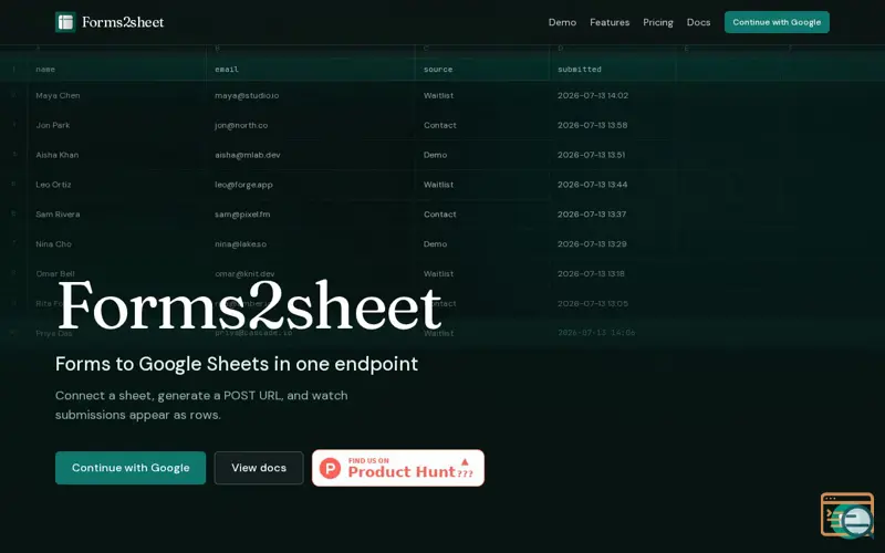 Screenshot of Forms2sheet - Forms to Google Sheets