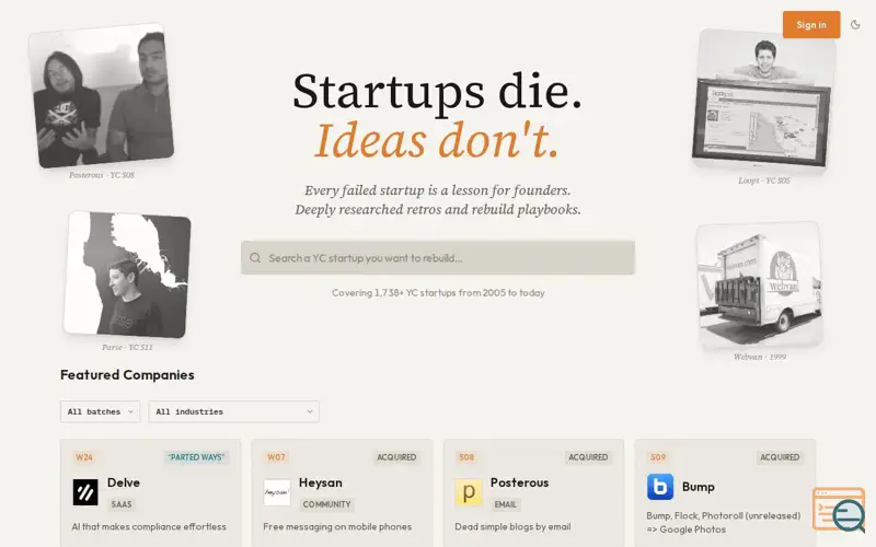 Screenshot of Startups.RIP, a launch using Voyage AI