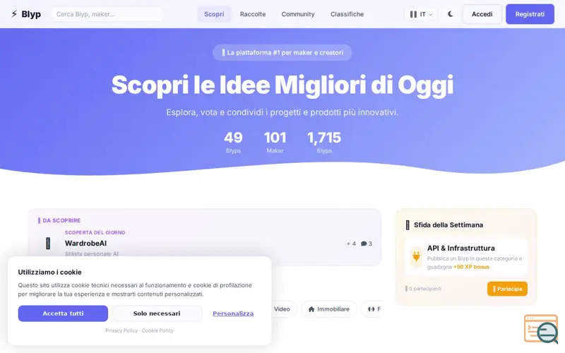 Screenshot of Blyp — Scopri le Idee Migliori di Oggi, a launch using Aruba