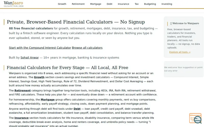 Screenshot of Wanjaaro — Free Financial Calculators, a launch using Ahrefs