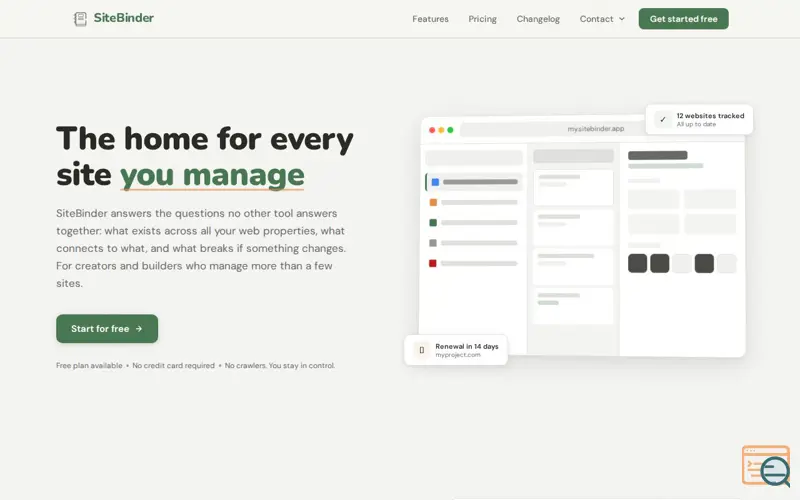 Screenshot of SiteBinder
