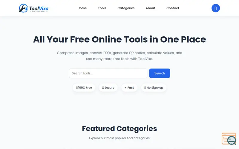 Screenshot of ToolVixo - Free Online Tools for Image, PDF, QR, Password & More