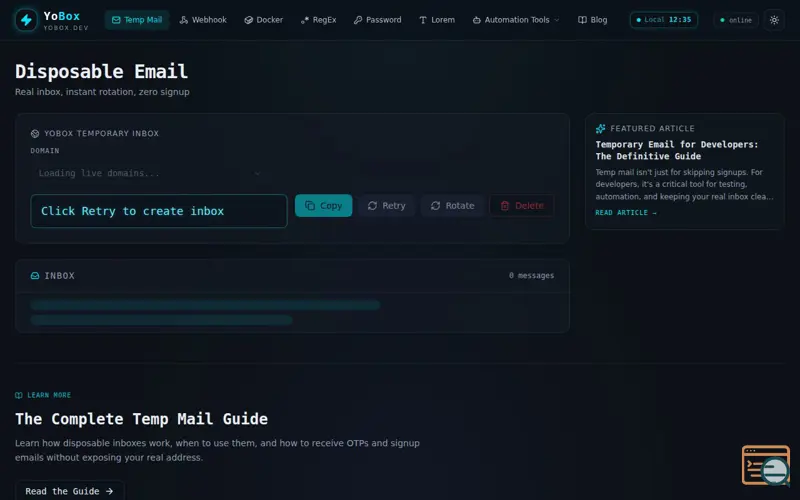 Screenshot of YoBox — Developer Utilities & Disposable Email