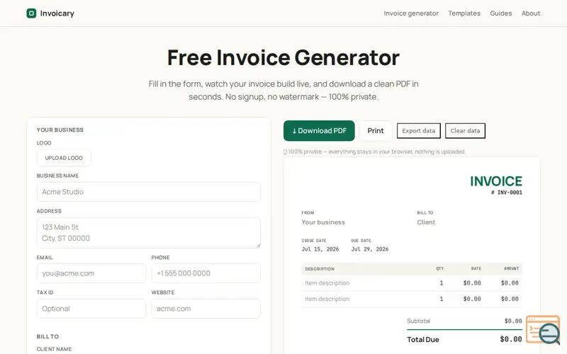 Screenshot of Invoicary