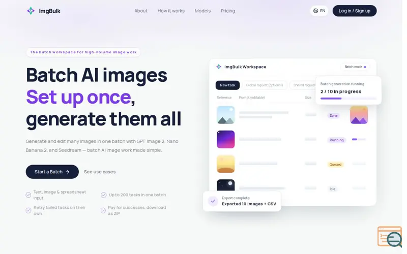 Screenshot of Batch AI Image Generator for 100+ Images | ImgBulk, a launch using Toolbit