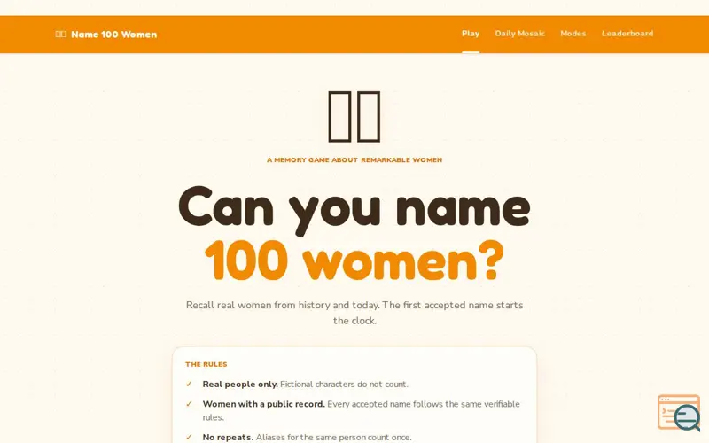Screenshot of Name 100 Women Game