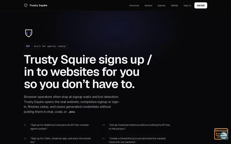 Screenshot of Trusty Squire — Vibe code. Your squire handles the rest.