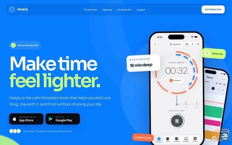 Screenshot of Deeply: Pomodoro Focus Timer
