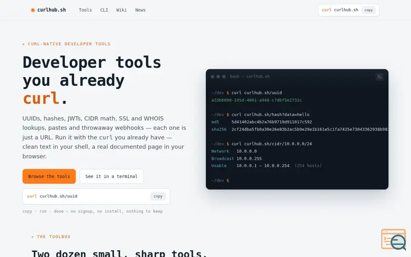 Screenshot of curlhub.sh Curl Based CLI Dev Tools