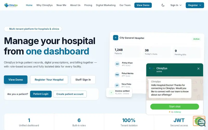 Screenshot of CliniqSys, a launch using AiSensy