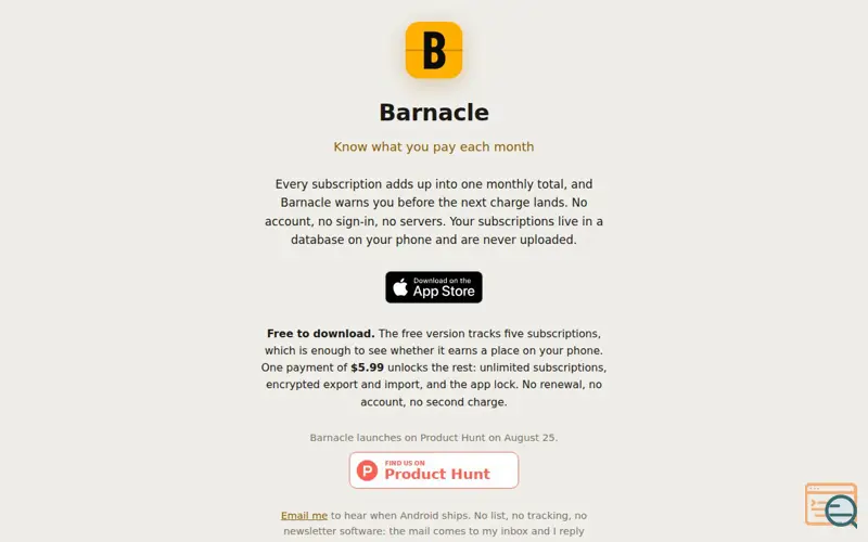 Screenshot of Barnacle — Know what you pay each month