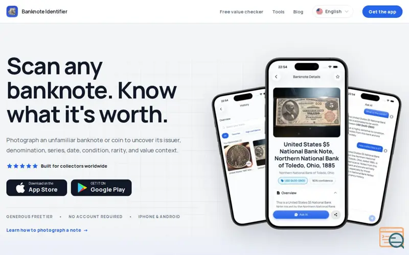 Screenshot of Banknote Identifier App: Scan Paper Money with AI, a launch using Needle